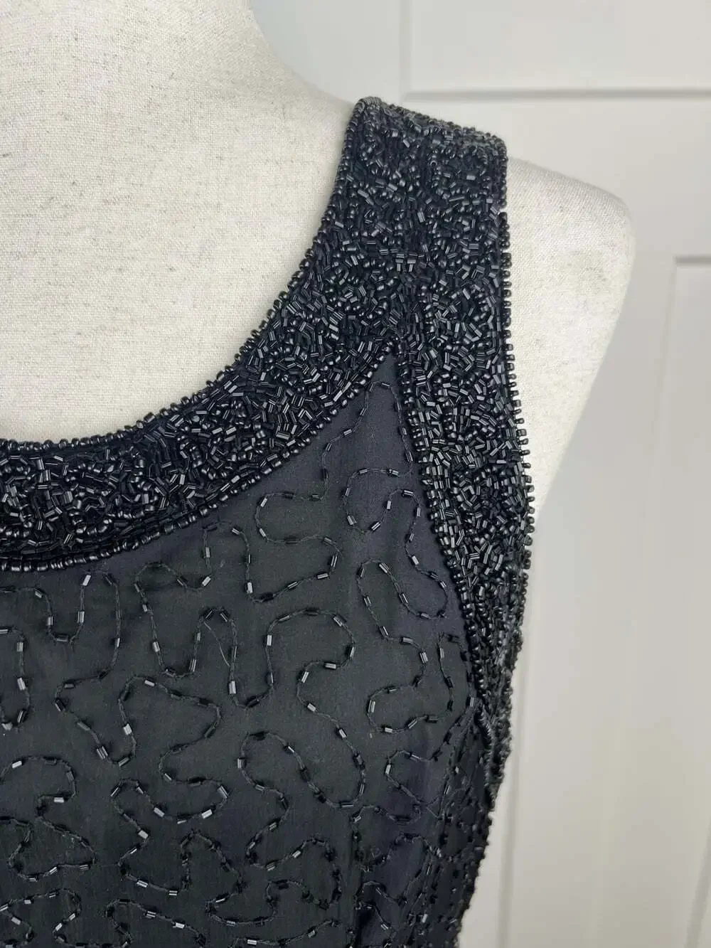 Vintage Laurence Kazar Black Silk Beaded Maxi Dress L Column Gown India Formal